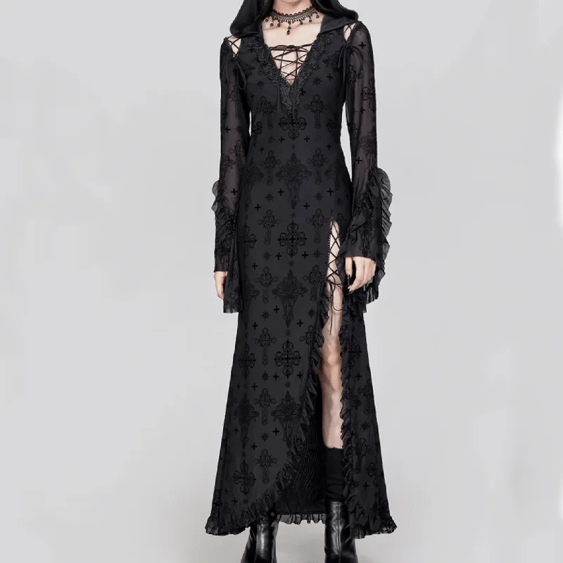 Baggy T-shirt dress-Women's Gothic Plunging Flared Sleeved Split Dress with Hood