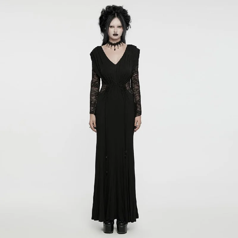 Velvet party dress-Women's Gothic Plunging Lace-Splice Drawstring Honeymoon Dress