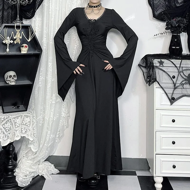 Corset sundress-Women's Gothic Plunging Long Toned Horn Sleeved Maxi Dress