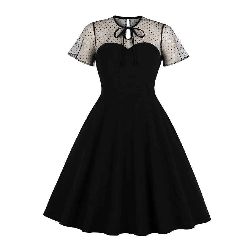 Pleated cocktail dress-Women's Gothic Polka Dot Lace-up Honeymoon Dress