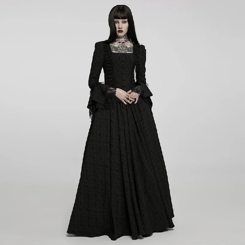 Glitter party dress-Women's Gothic Square Collar Flare Sleeved Lace Maxi Dress Wedding Dress