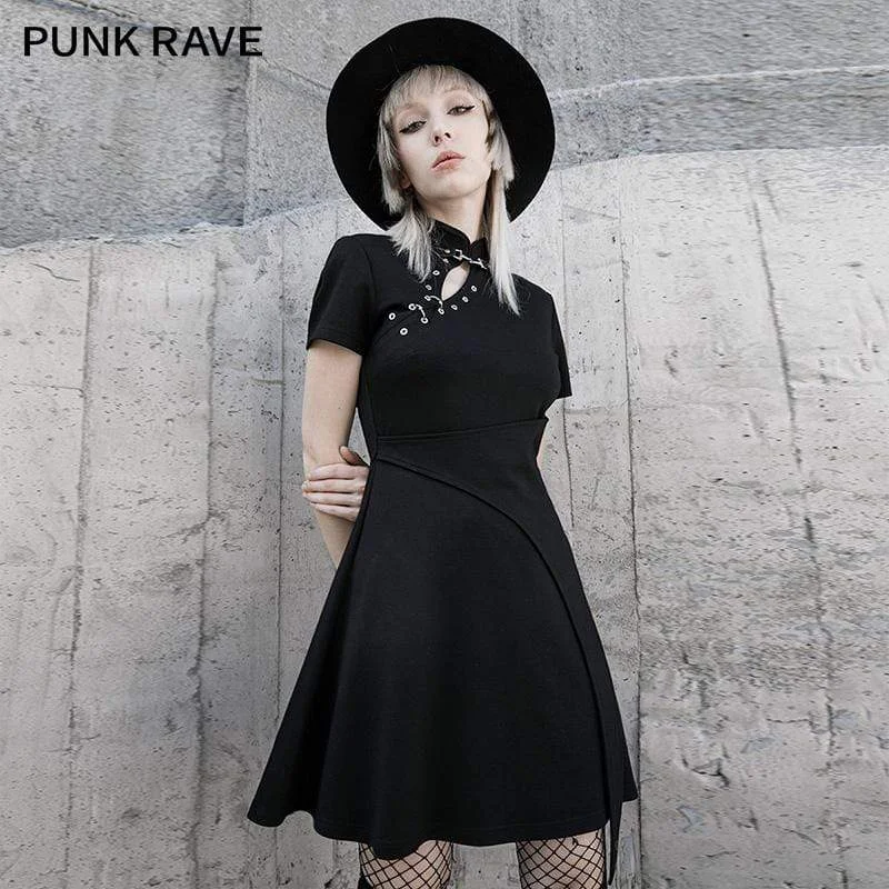 Backless skater dress-Women's Gothic Stand Collar Multi-chains Dresses