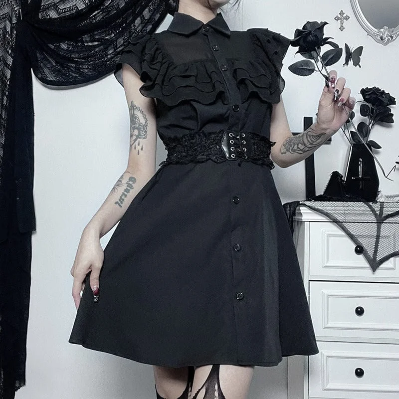 Buttoned maxi dress-Women's Gothic Turn-down Collar Ruffled Dress