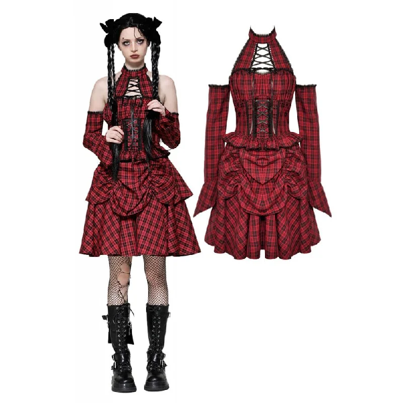 Ruched cocktail dress-Women's Grunge Lace-up Plaid Dress with Gloves Red