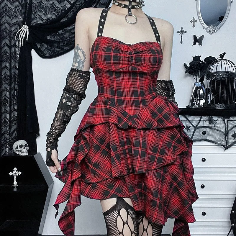 Short sleeve party dress-Women's Grunge Layered Halterneck Plaid Dress