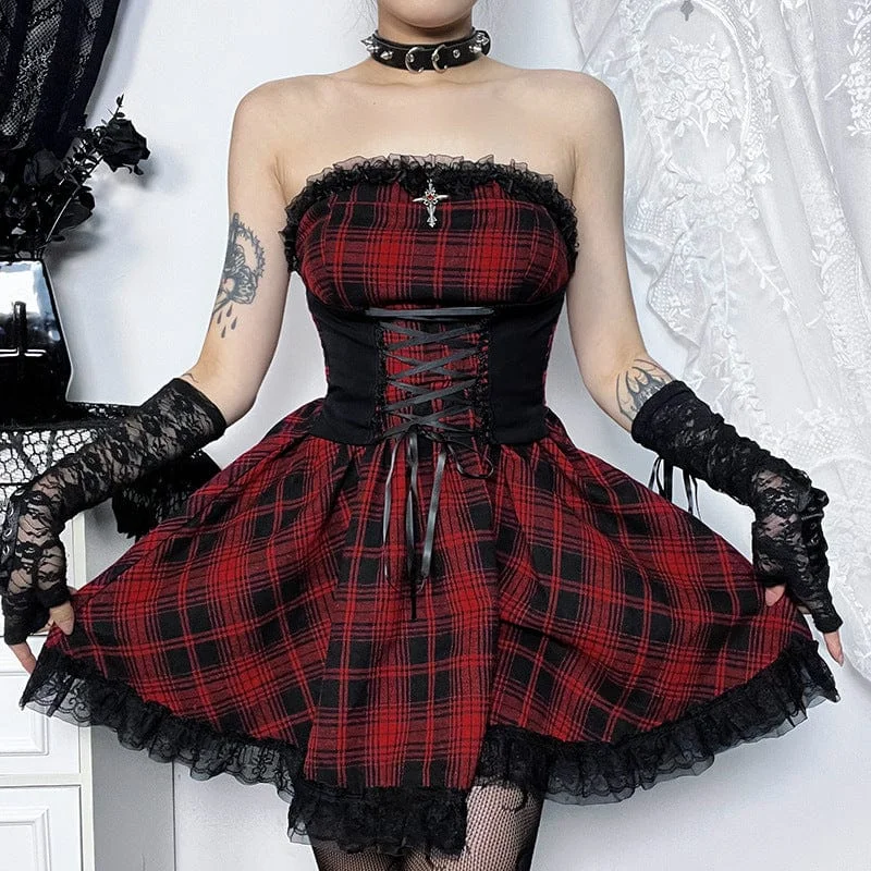 Short sleeve party dress-Women's Grunge Off-Shoulder Lace Splice Plaid Dress