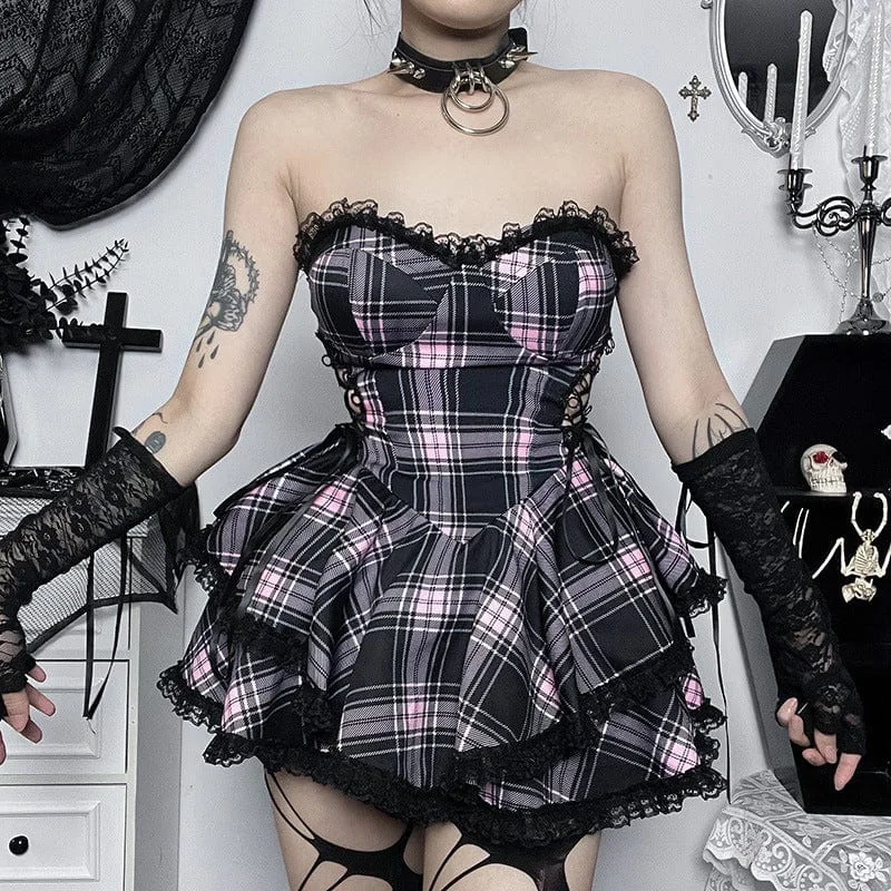 Lace party dress-Women's Grunge Plaid A-line Short Dress