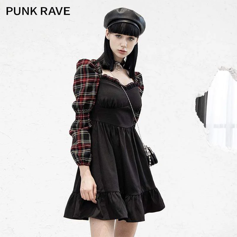 White linen dress-Women's Grunge Plaid Sleeve Splicing  Falbala Hem Dresses