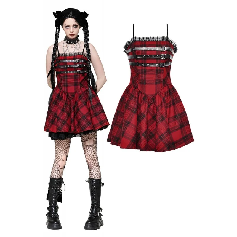 Long sleeve cocktail dress-Women's Grunge Pleated Eyelets Plaid Dress Red