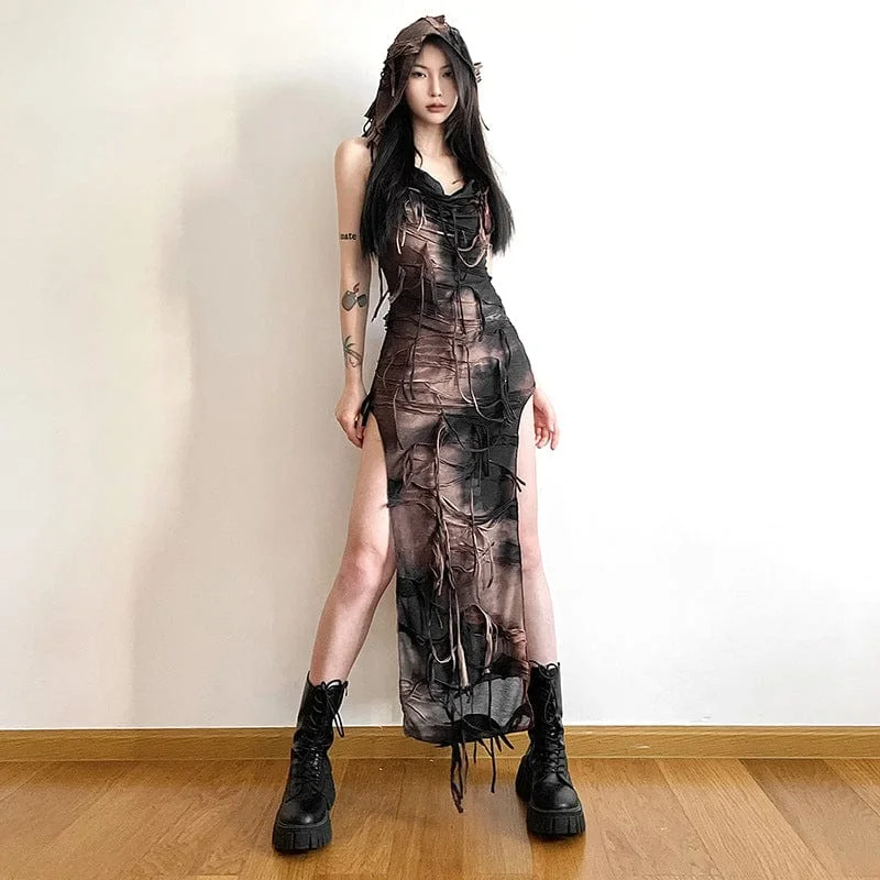 Long sleeve velvet dress-Women's Grunge Ripped Side Slit Dress with Hood