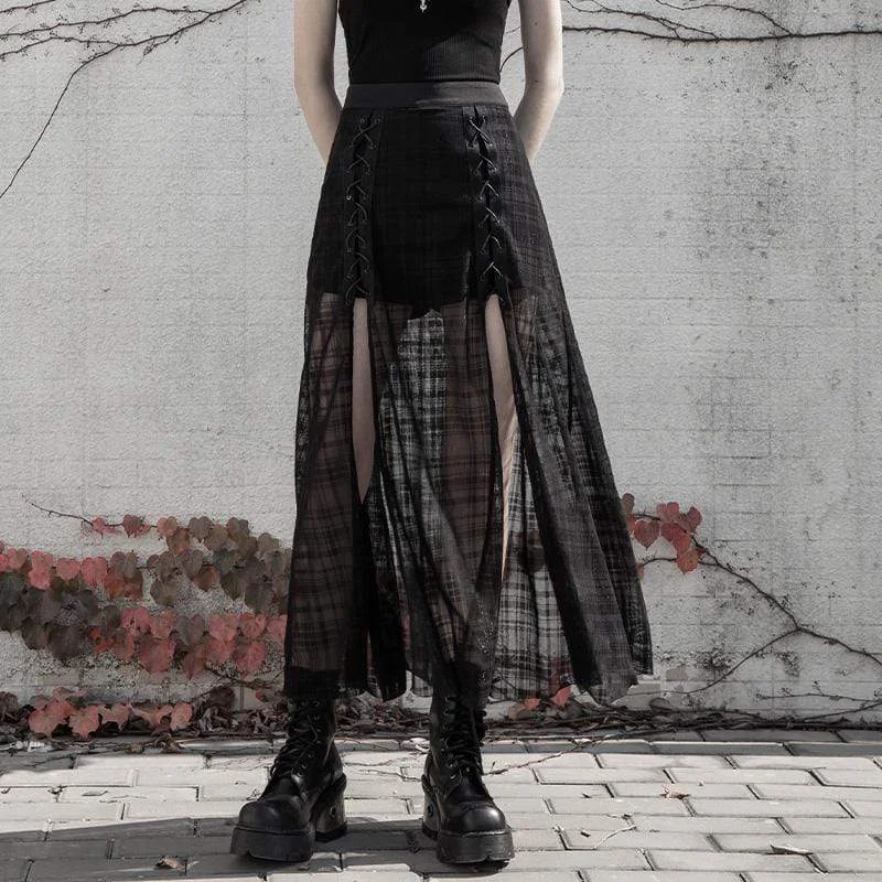 Striped sundress-Women's Grunge Side Slit Lacing Plaid Chiffon Maxi Skirts