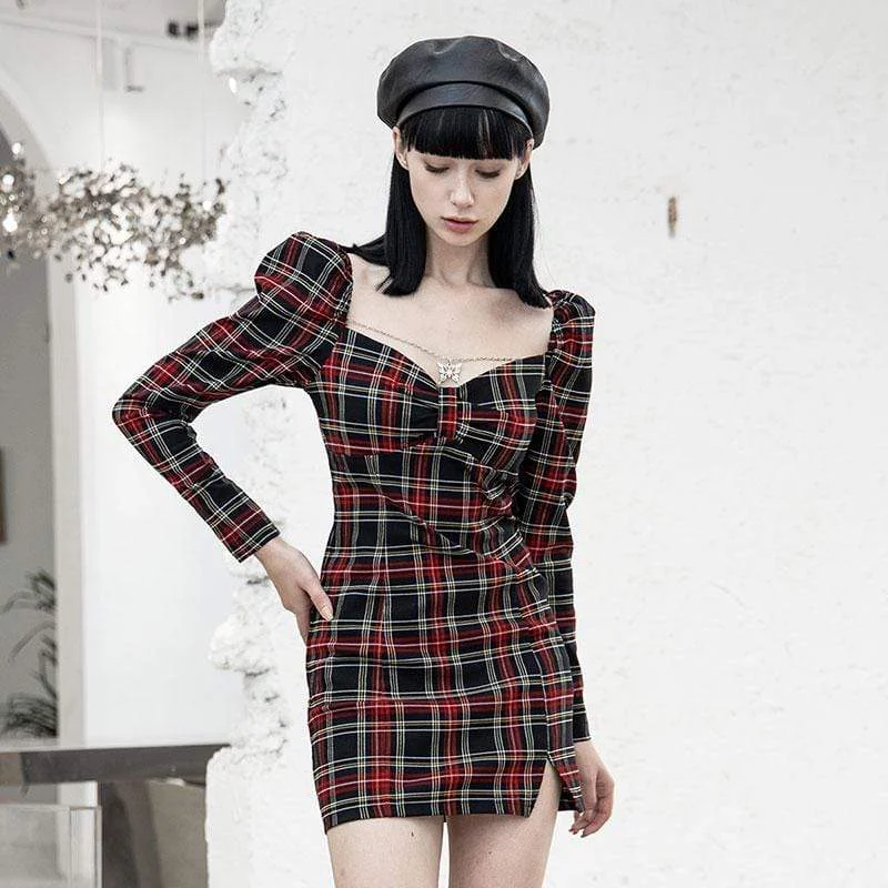 Red chiffon dress-Women's Grunge Square Collar Contrast Color Plaid Dresses