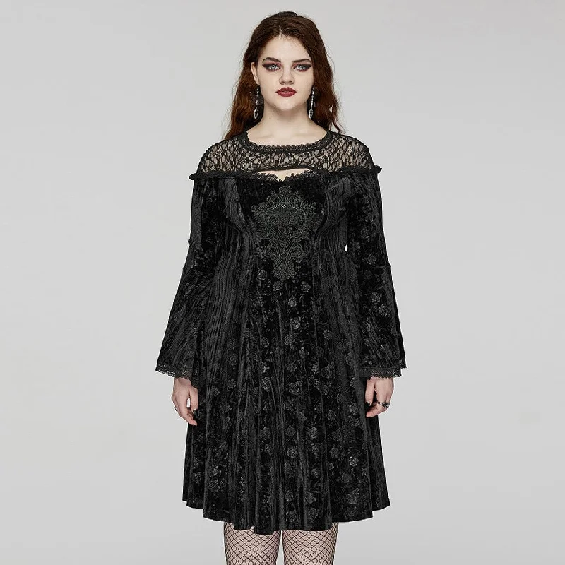 Velvet cocktail dress-Women's Plus Size Gothic Flared Sleeved Embossed Velvet Formal Dress