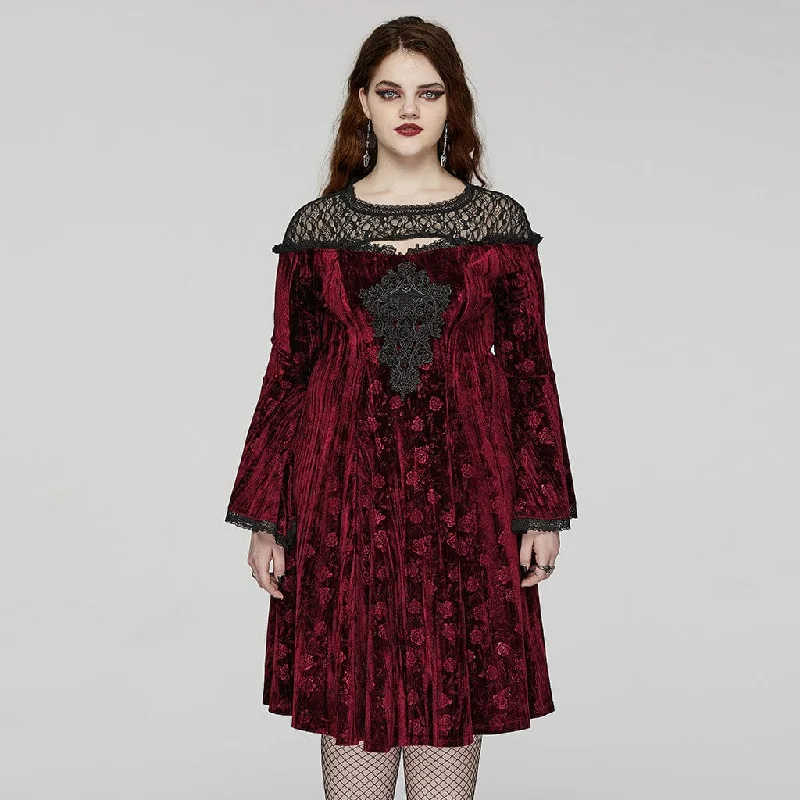 Glitter sundress-Women's Plus Size Gothic Flared Sleeved Embossed Velvet Red Formal Dress