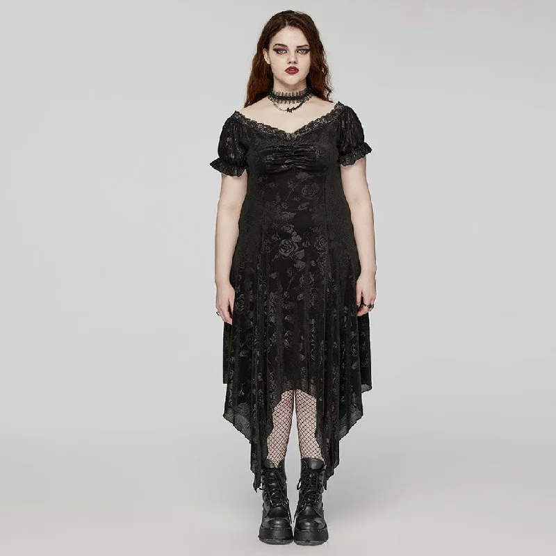 Fringe cocktail dress-Women's Plus Size Gothic Irregular Plunging Embossed Honeymoon Dress