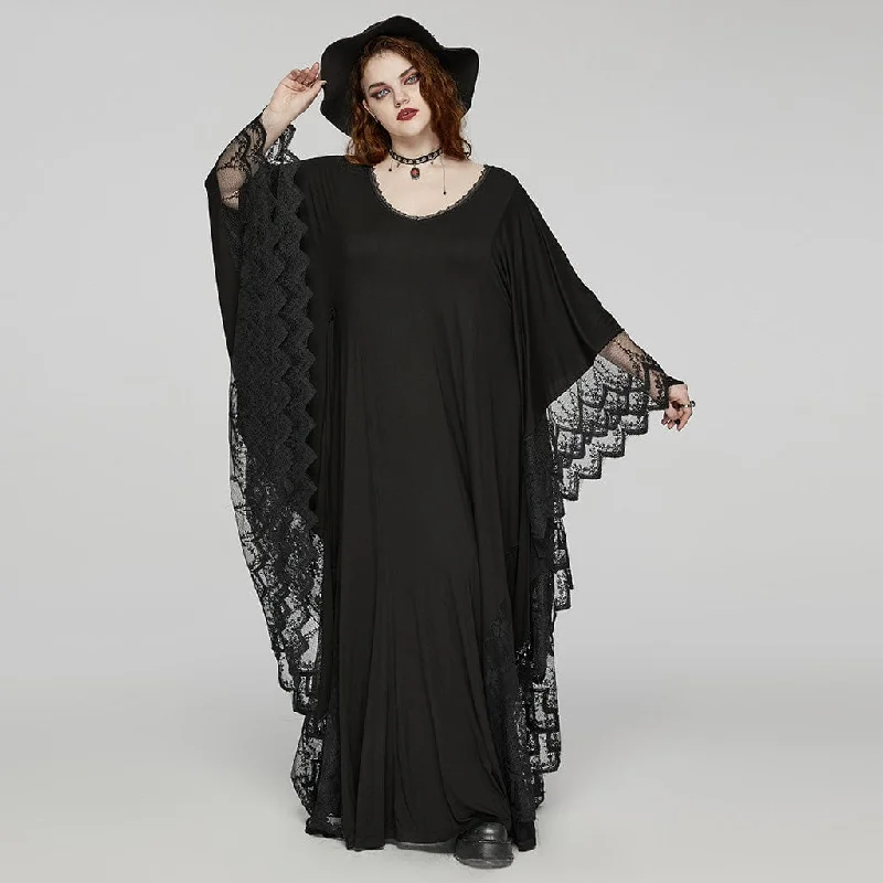 Pleated cocktail dress-Women's Plus Size Gothic Plunging Bat Sleeved Witch Dress