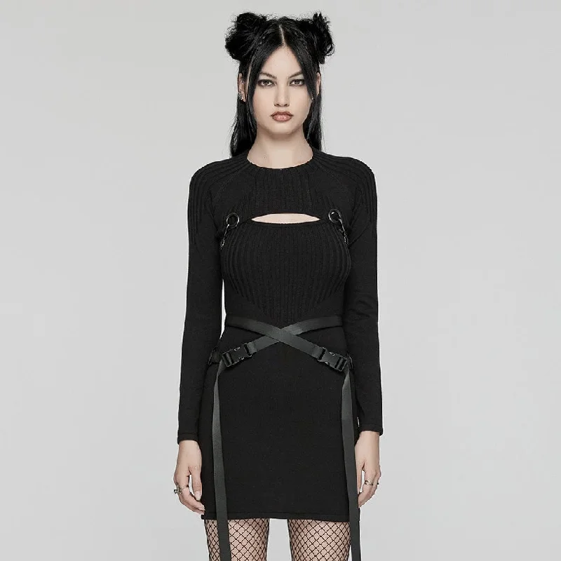 Off-shoulder cocktail dress-Women's Punk Buckle Two-piece Knitted Music Festival Dress