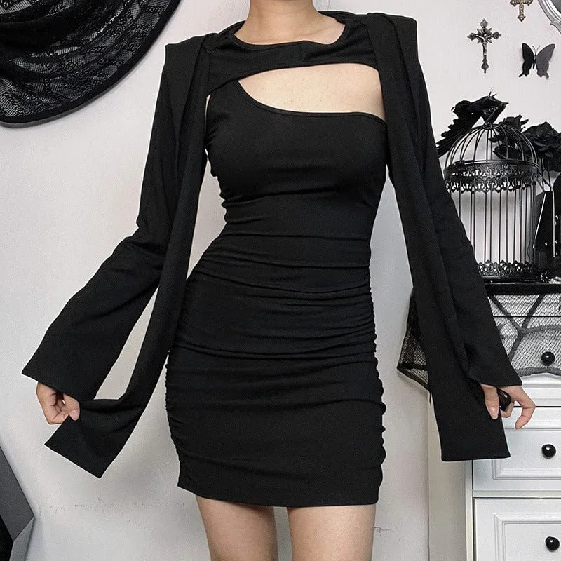 One-shoulder party dress-Women's Punk Cutout Long Sleeved Dress with Devil Hood