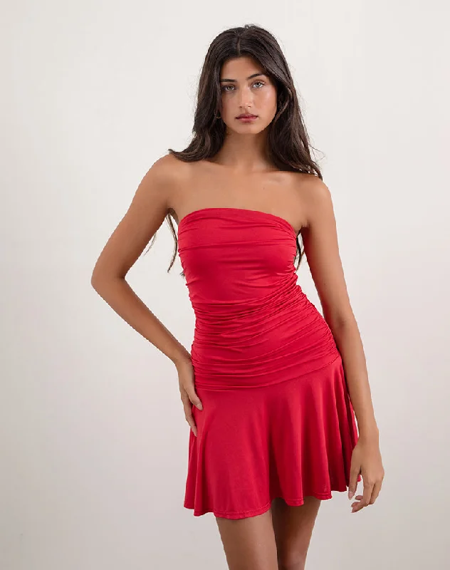 Off-shoulder sundress-Yasmin Bandeau Mini Dress in Slinky Red