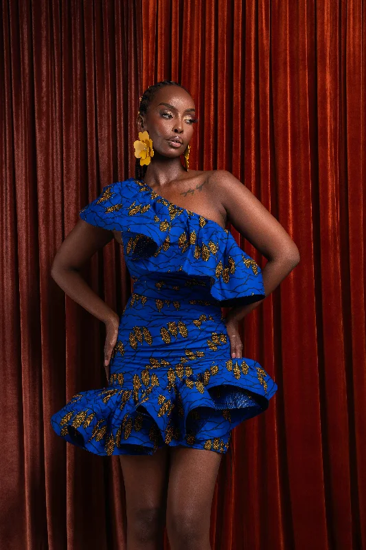 Blue satin dress-YOMI African Print One Sleeve Ruffle  Mini Dress