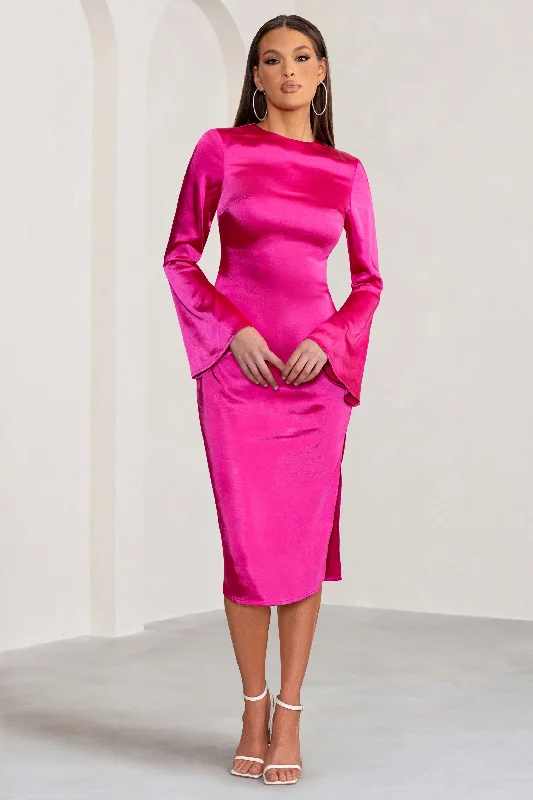 Pleated party dress-Zaina | Hot Pink Long Sleeve Midi Dress with High Neckline