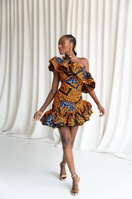 Long sleeve sundress-ZEZE African Print One Sleeve Ruffle  Mini Dress