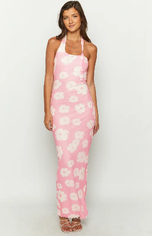 Off-shoulder cocktail dress-Aimee Pink Floral Maxi Halter Dress