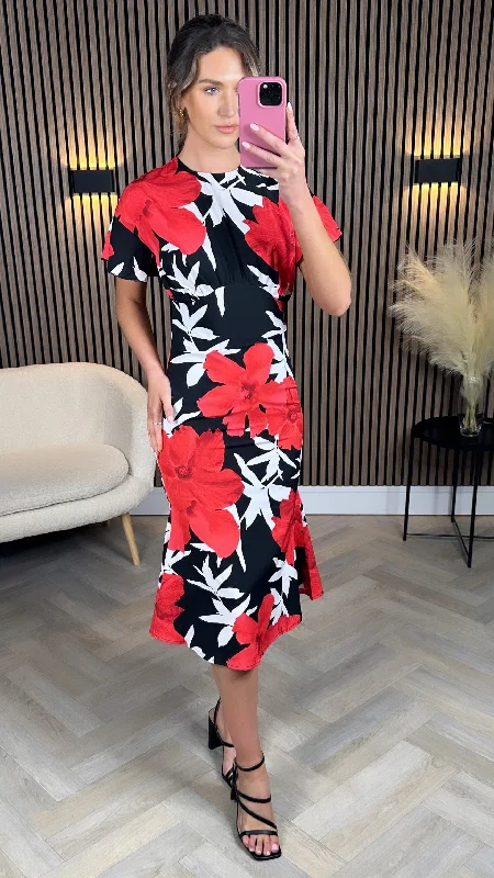 Black velvet dress-Alex Red Printed Floral Midi Dress