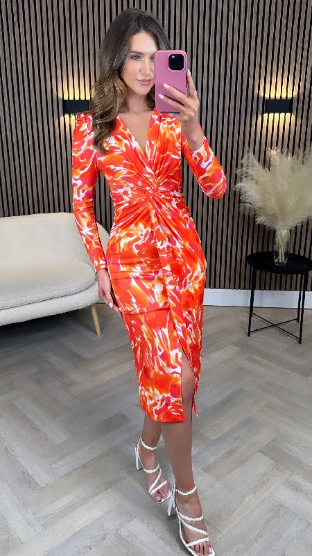 Long sleeve cocktail dress-Alisha Orange Printed Knot Detail Midi Dress