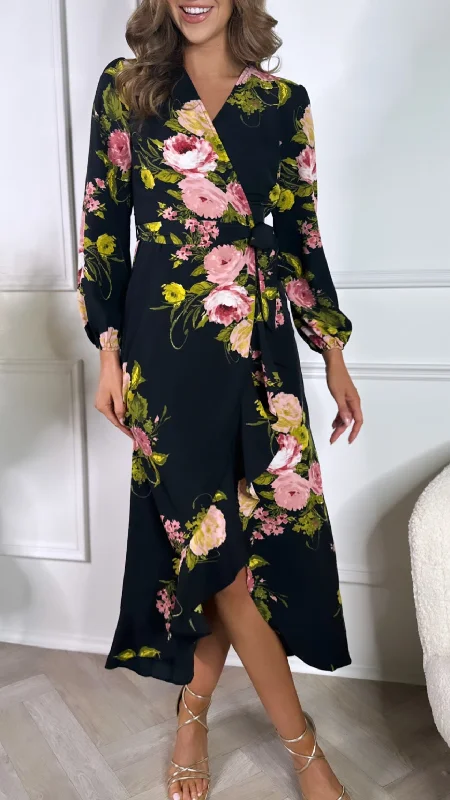 Velvet cocktail dress-Antonio Black Floral Long Sleeve Wrap Midi Dress