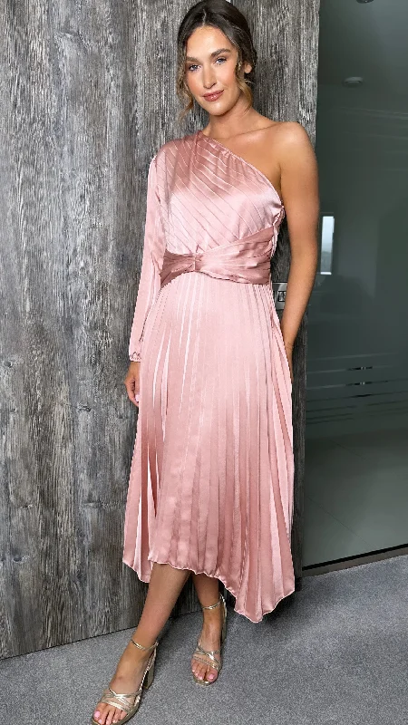 Off-shoulder cocktail dress-Audrina Pink One Shoulder Long Sleeve Pleated Asymmetric Hem Midi Dress