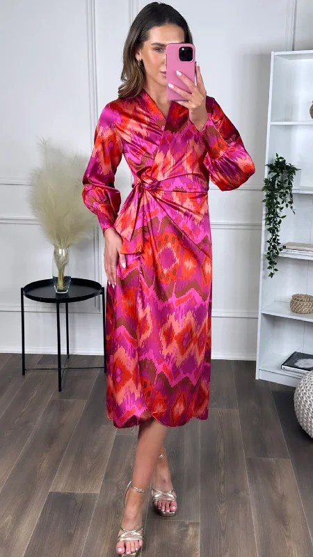 Floral sundress-Azalea Pink & Orange Long Sleeve Wrap Midi Dress