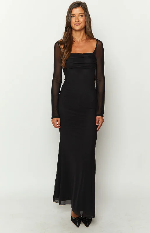 Airy beach dress-Beverley Black Mesh Long Sleeve Maxi Dress