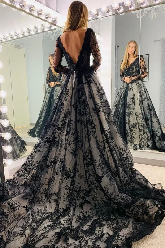 Floral party dress-Black Appliques Illusion Long Sleeves Deep V Neck Long Wedding Dress gh2759