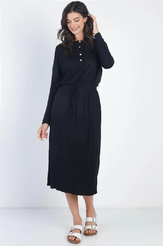 One-shoulder cocktail dress-Black Button Up Neck Detail Fitted Waist Midi Dress /1-2