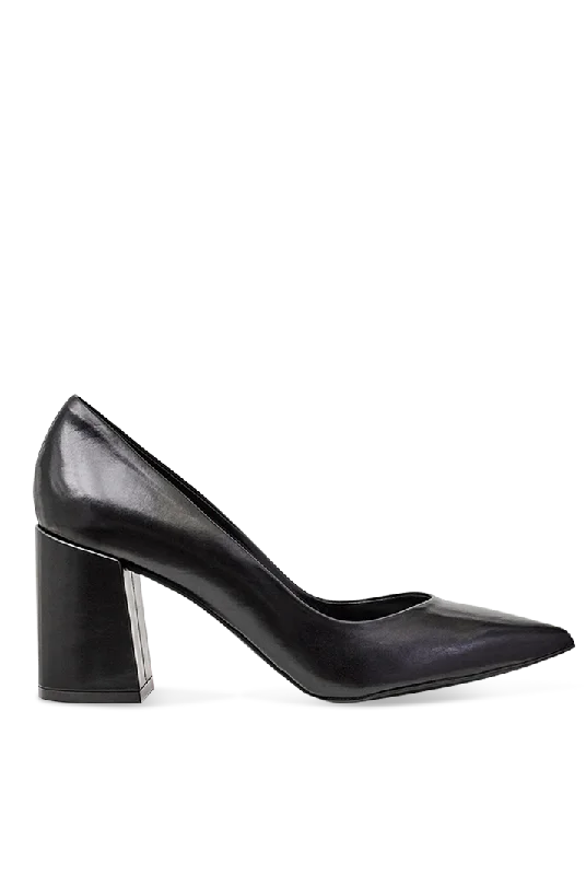 Block Heel Black Leather Pumps