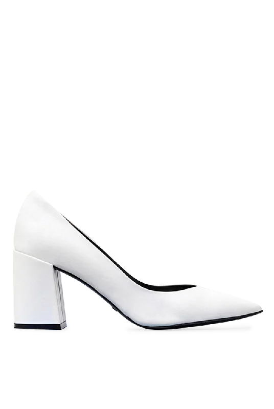 Block Heel White Leather Pumps