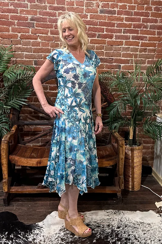 Smocked cocktail dress-Blue Floral Print Dress with Gold Detailing