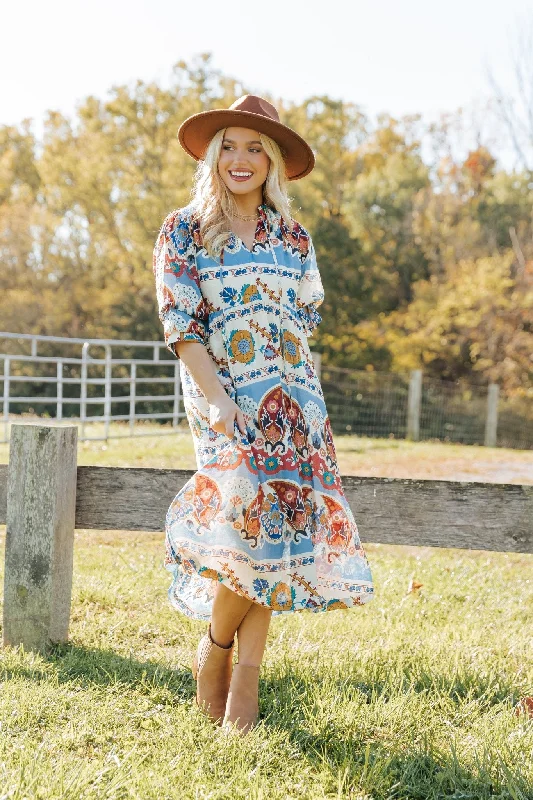 Short sleeve party dress-Blue Multi Border Print Midi Dress - FINAL SALE