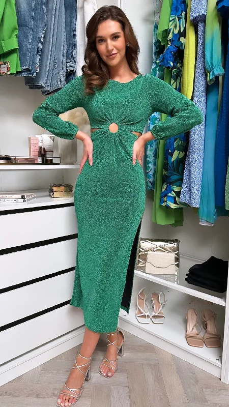 Long sleeve cocktail dress-Britta Green Cut Out Midi Dress