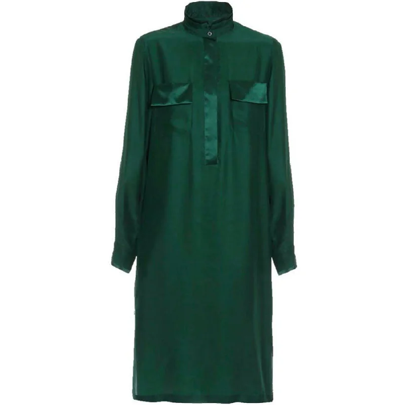 Velvet party dress-GREEN SILK MIDI SHIRT DRESS "BRITTA"