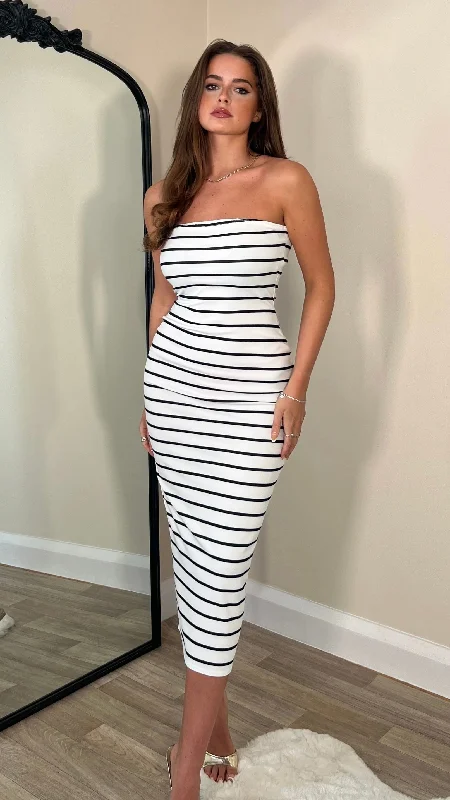 Polka dot maxi dress-Celestia Black & White Striped Bandeau Midi Dress