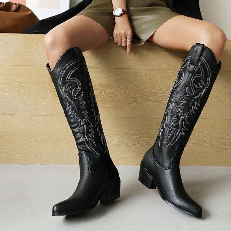 Classic Embroidered Knee High Round Toe Cuban Heel Western Boots - Black