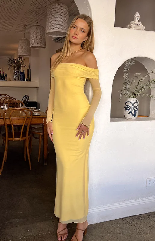 Halter neck cocktail dress-Coraline Yellow Long Sleeve Maxi Dress