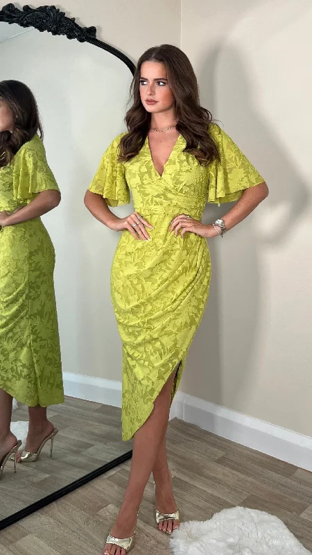 Floral maxi dress-Cyprian Lime Green Angel Sleeve Wrap Midi Dress