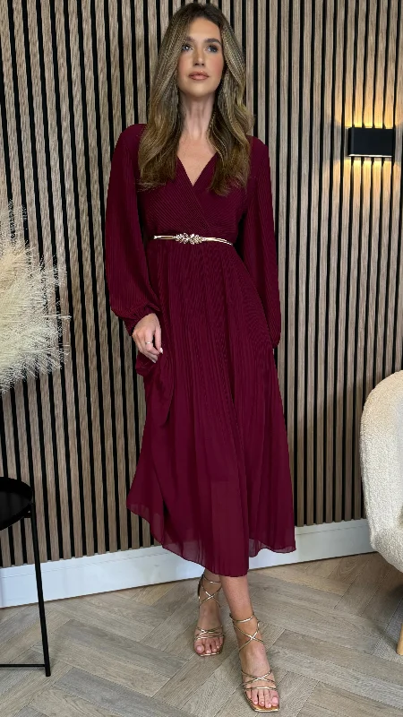 Ruffled party dress-Denali Burgundy Long Sleeve Pleated Midi Dress