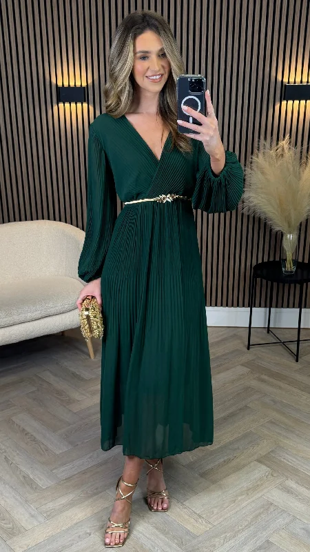 One-shoulder cocktail dress-Denali Forest Green Long Sleeve Pleated Midi Dress