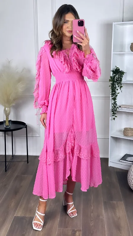 Lace sundress-Drea Pink Long Sleeve Midi Dress