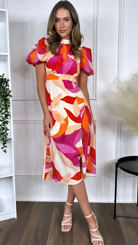 Striped sundress-Elara Pink & Orange Printed Puff Sleeve High Neck Midi Dress