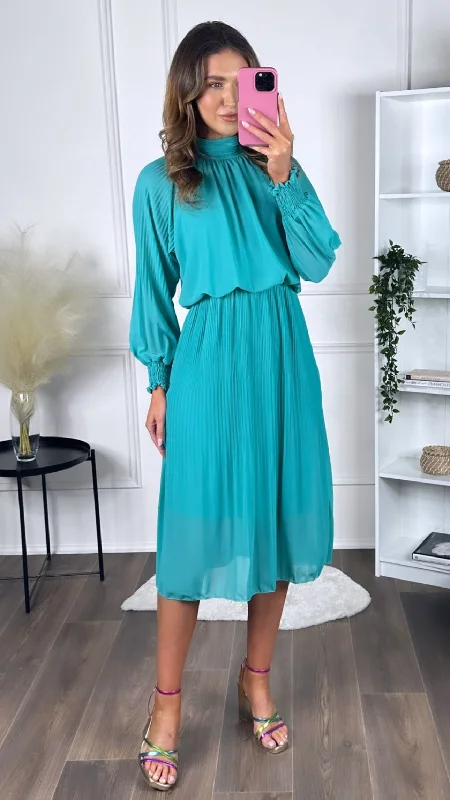 Striped party dress-Elin Light Green High Neck Pleated Skirt Midi Dress